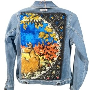 Boutique Upcycled Denim Jacket Gobelin Style Tapestry Deer Art Jacket Size M‎